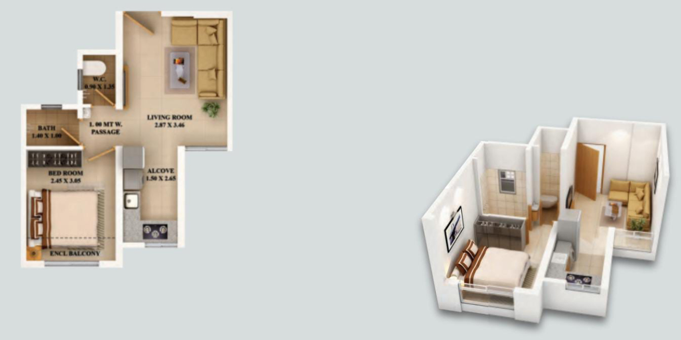 1 BHK (Dove) 288 Sq. Ft. (Carpet)