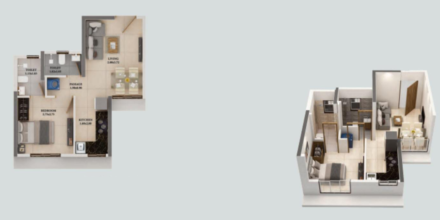 1 BHK (Dove) 322 Sq. Ft. (Carpet).