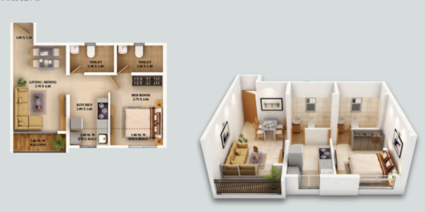 1 BHK (Merlin) 458 Sq. Ft. (Carpet).