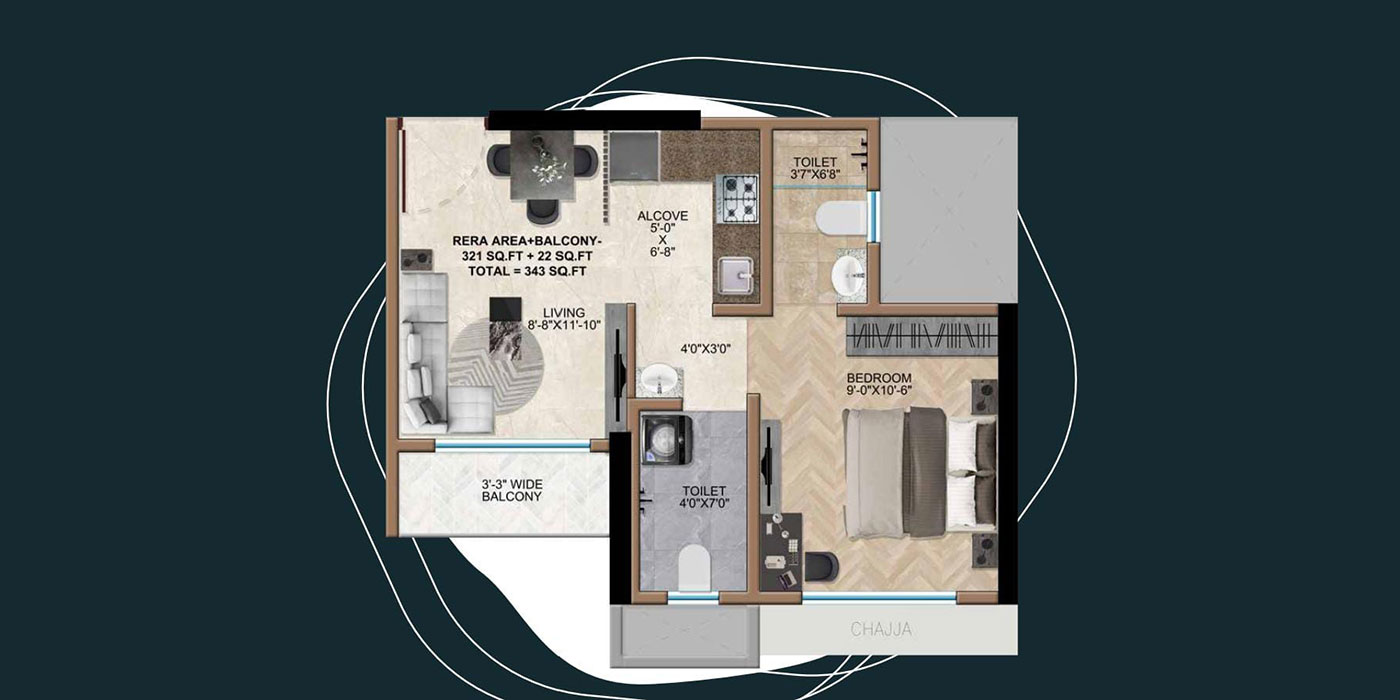 1BHK - 343 Sq Ft - Unit Plan