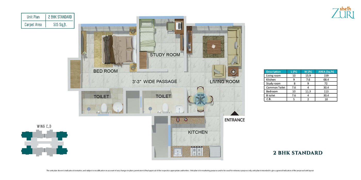 1BHK - 426 SQ FT - Unit Plan
