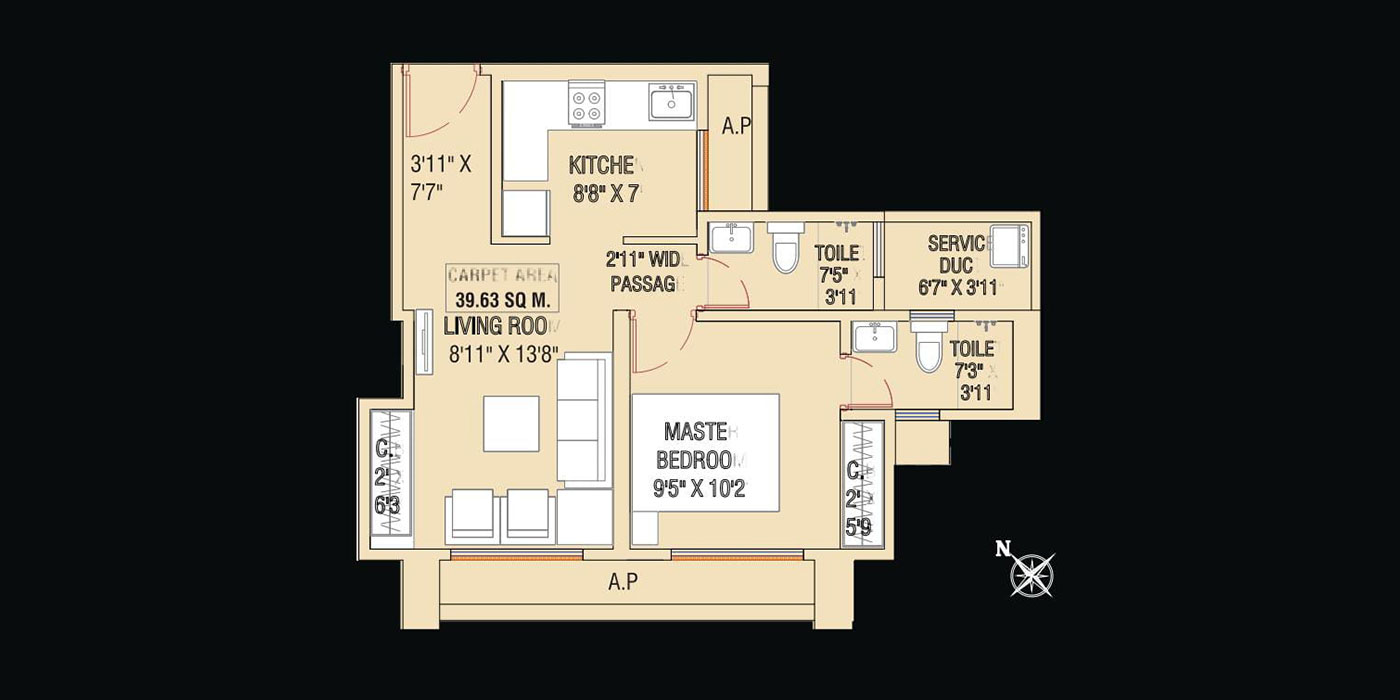 1BHk - 450 Sqft - Unit