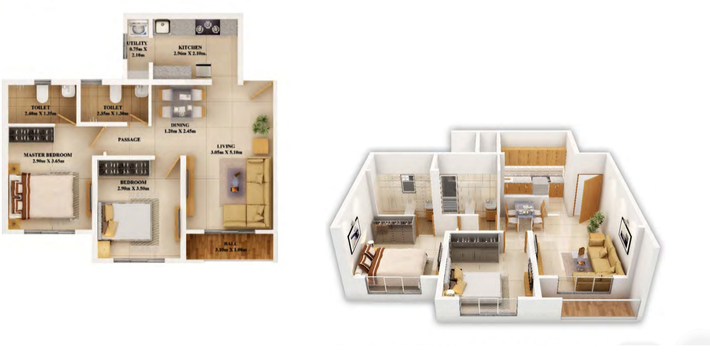 2 BHK 661 Sq. Ft. (Carpet)