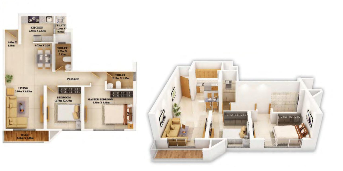2 BHK 753 Sq. Ft. (Carpet)