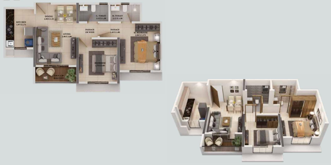 2 BHK ( Heron) 552 Sq. Ft. (Carpet).