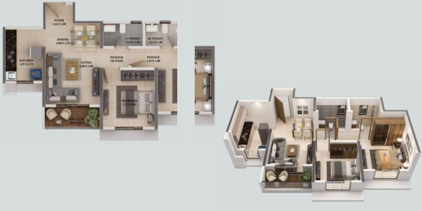2 BHK ( Heron) 568 Sq. Ft. (Carpet).