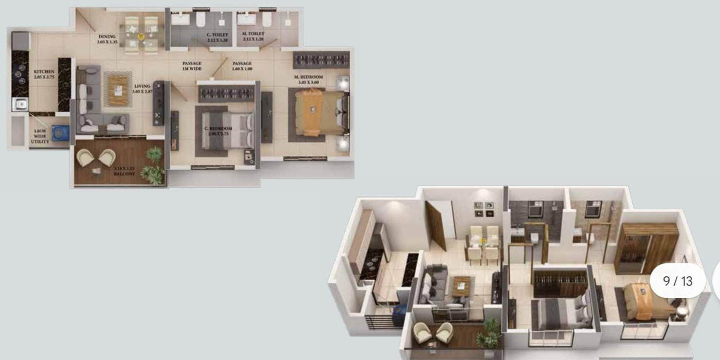 2 BHK ( Heron) 604 Sq. Ft. (Carpet).