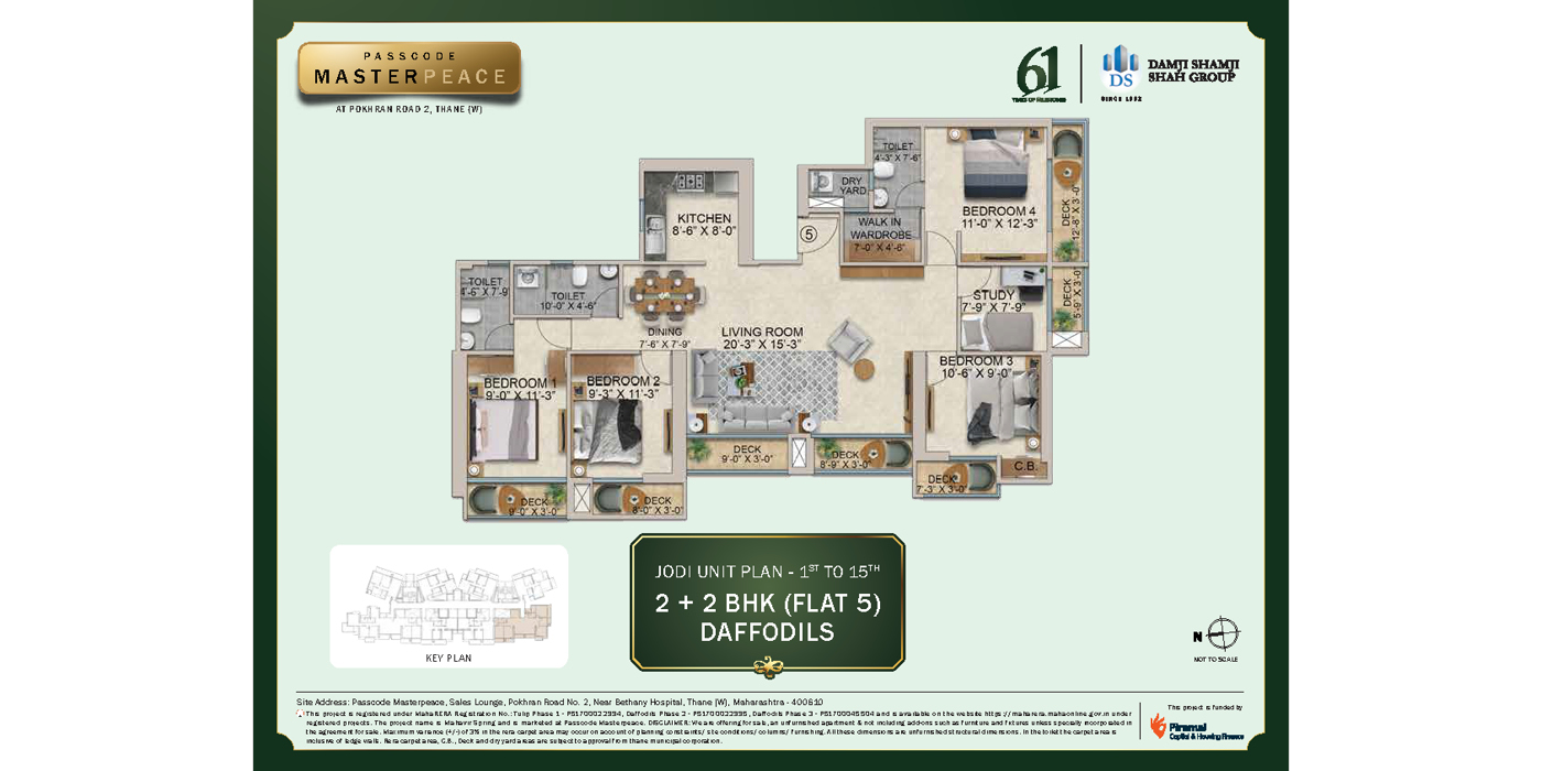 2+2 BHK (Jodi Flat) 1454 Sq. ft. Unit Plan (Carpet).