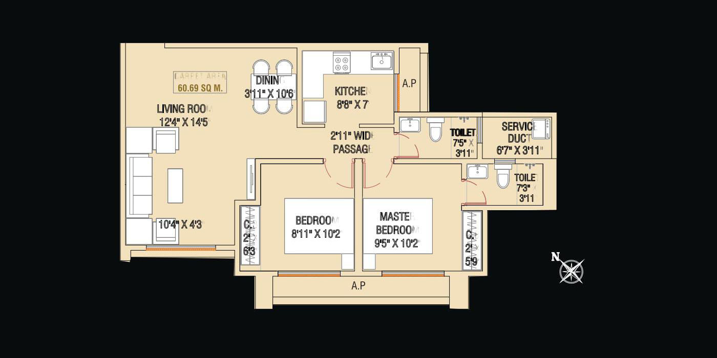 2BHK -650 Sqft - Unit Plan