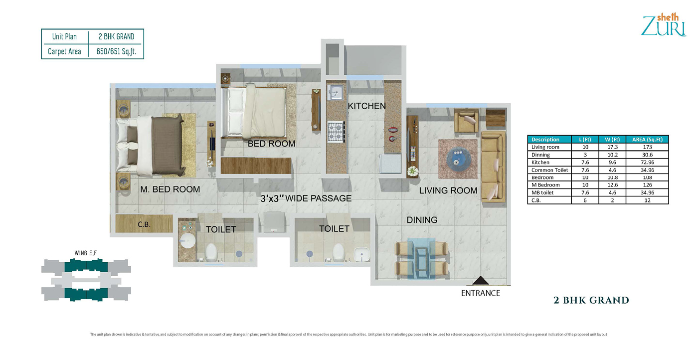 2BHK - 651 SQ FT - Unit Plan