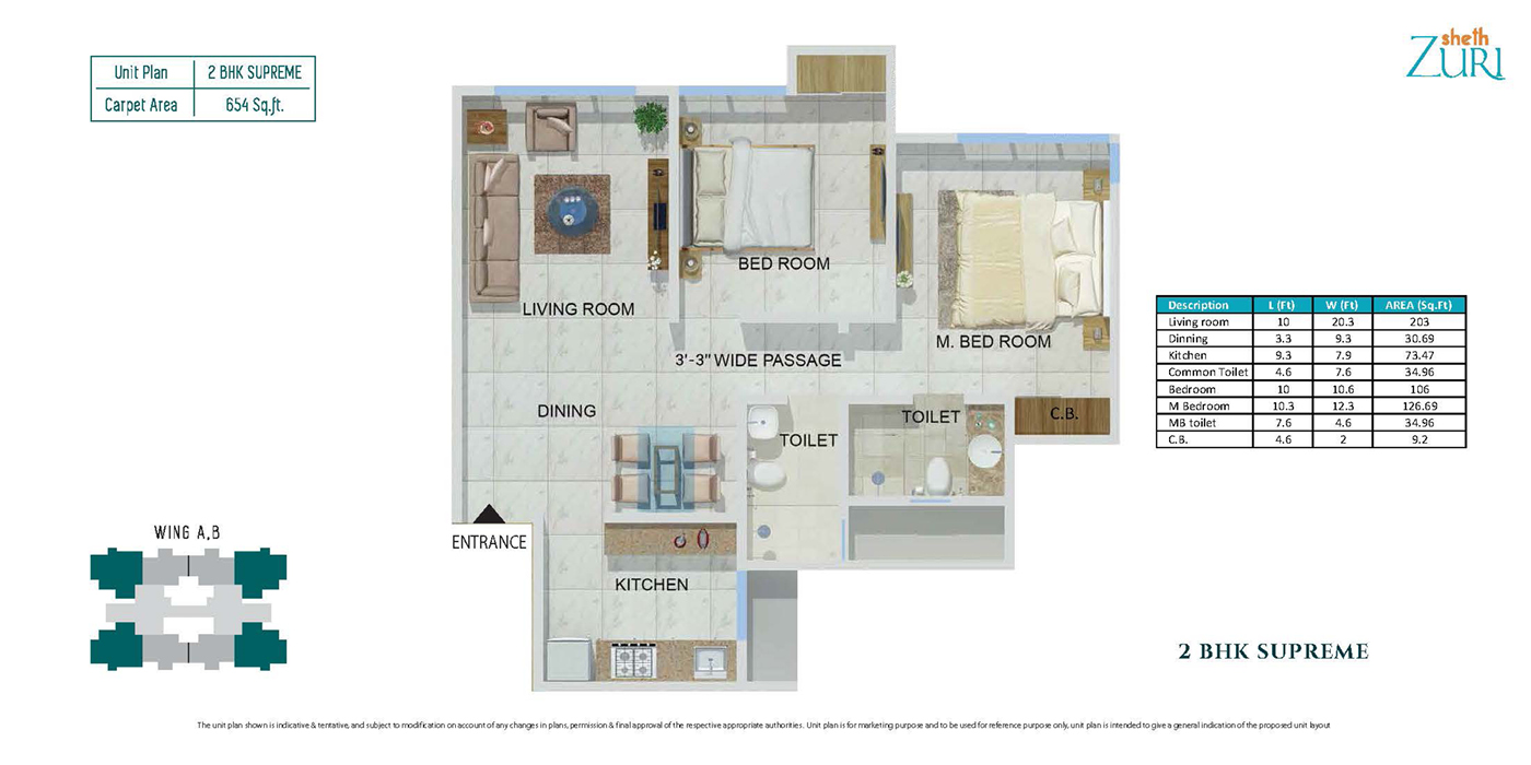 2BHK - 654 SQ FT - Unit Plan