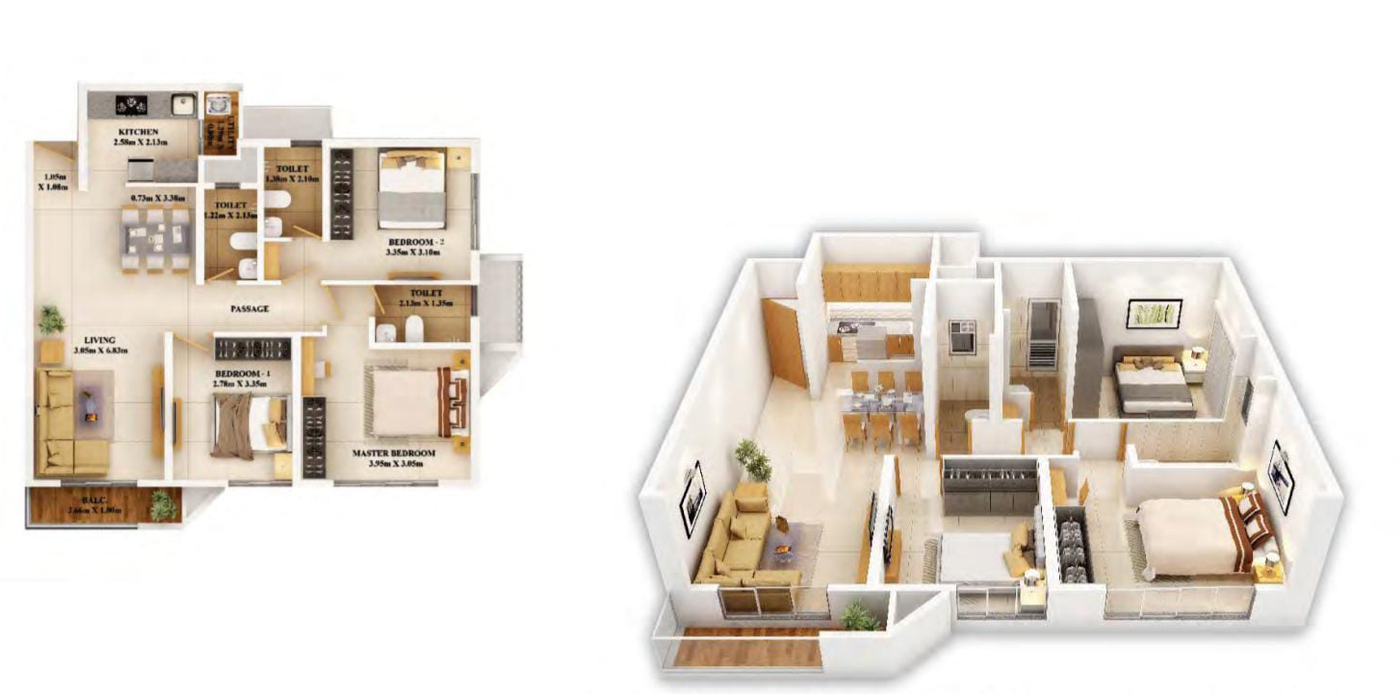 3 BHK 923 Sq. Ft. (Carpet)