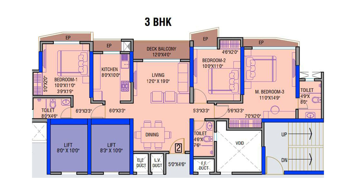 3BHK - 1100 Sq Ft - Unit Plan