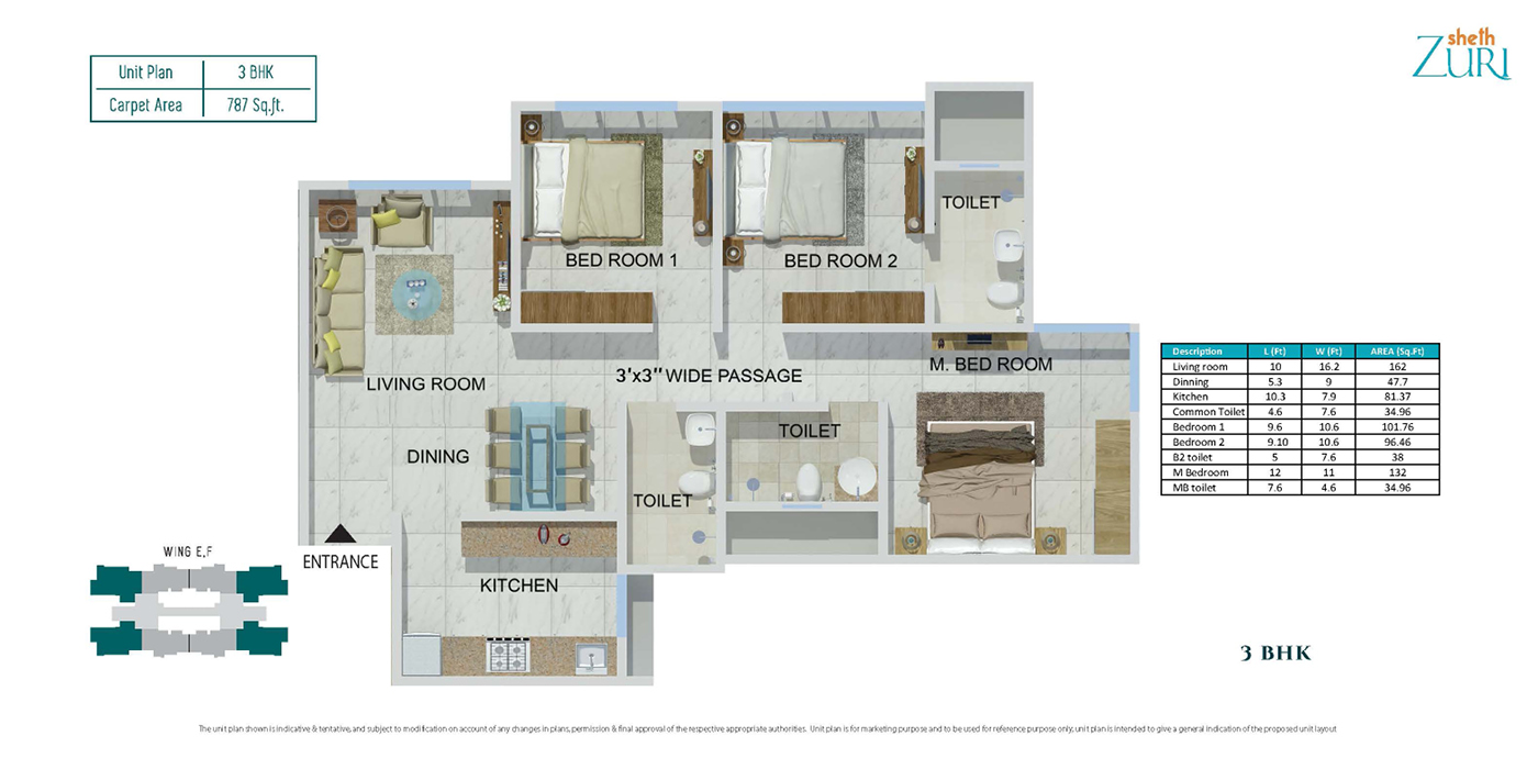 3BHK - 787 SQ FT - Unit Plan