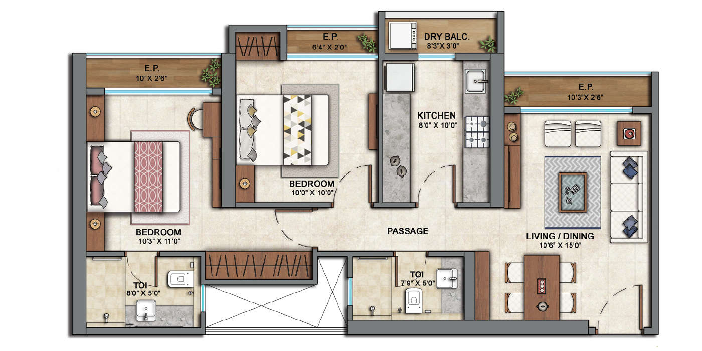 Ashar EDGE - 2BHK -741 sqft- Unit Plans