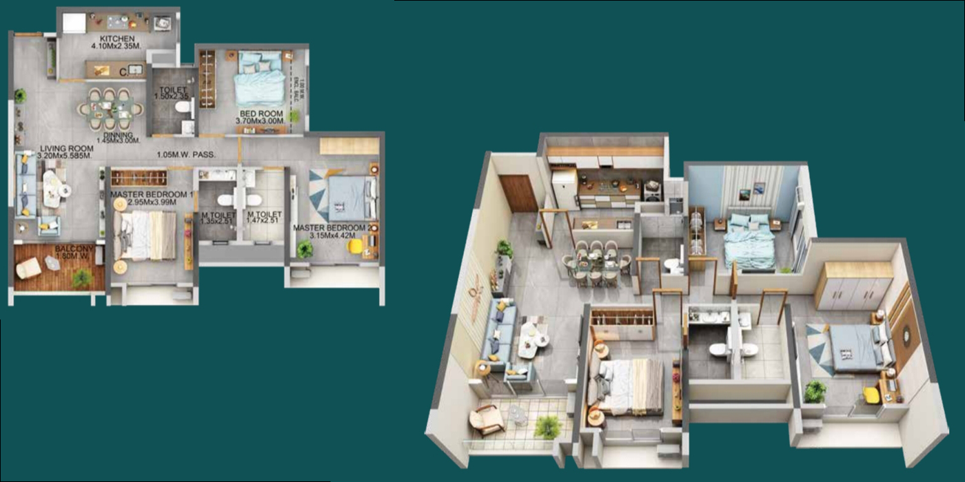 Dosti Eden -3BHK - 1039 Sq Ft - Unit Plan.