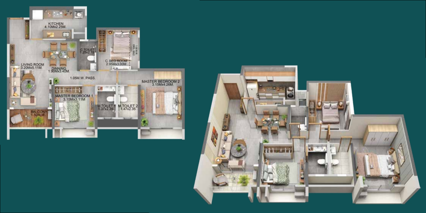 Dosti Eden -3BHK - 963 Sq Ft - Unit Plan.