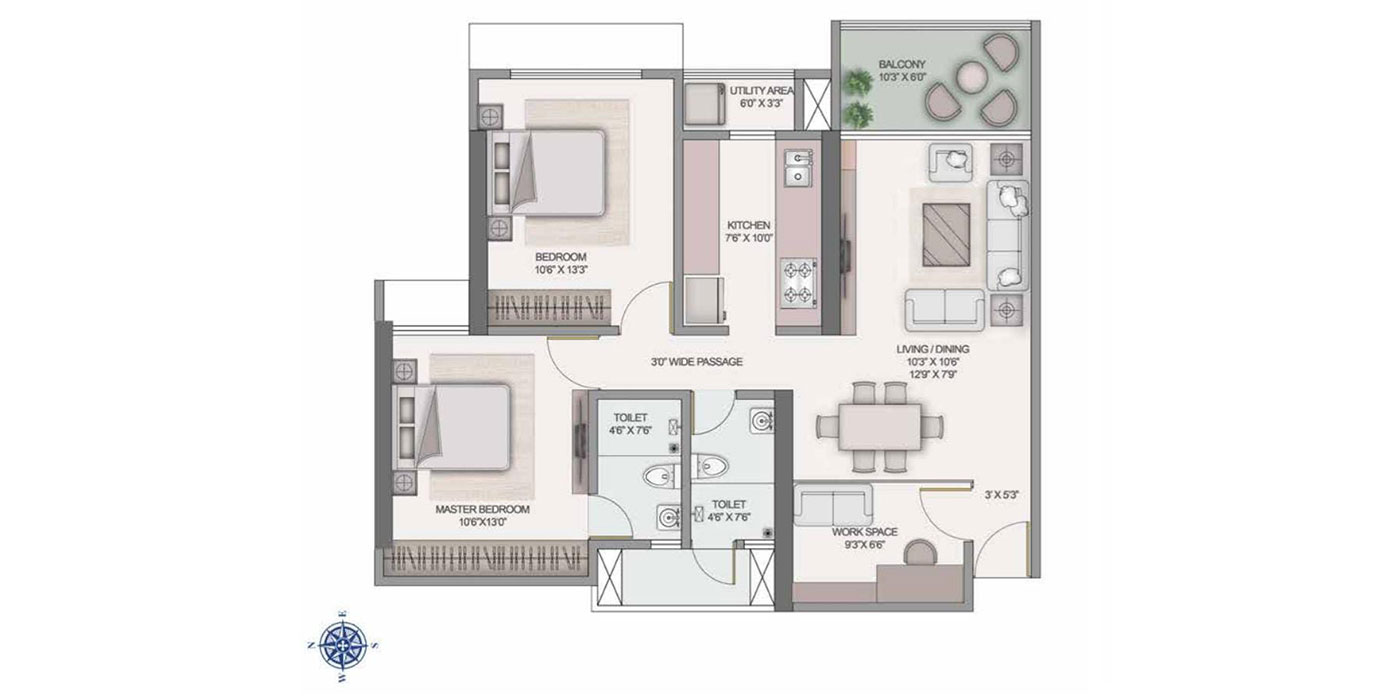 Kashish park - 2BHK - 877 Sq Ft Unit Plan