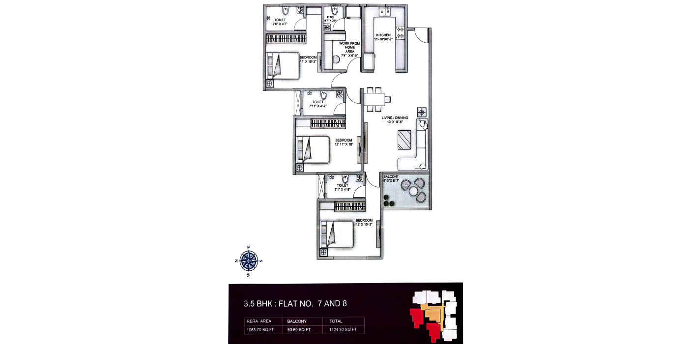 Kashish park - 3.5BHK - 1124- Sq Ft Unit Plan