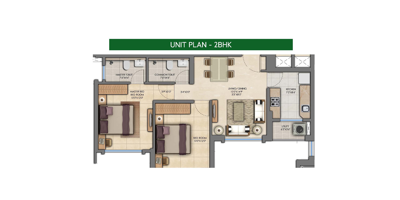 Lodha Amara - 2BHK - 618 Sqft (Carpet) -Unit Plan.
