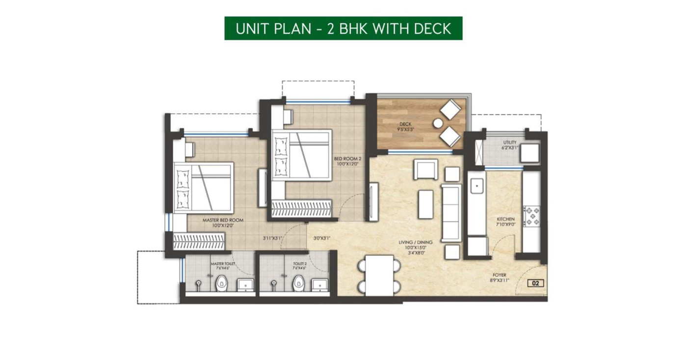 Lodha Amara - 2BHK - 722 Sqft (Carpet) -Unit Plan.