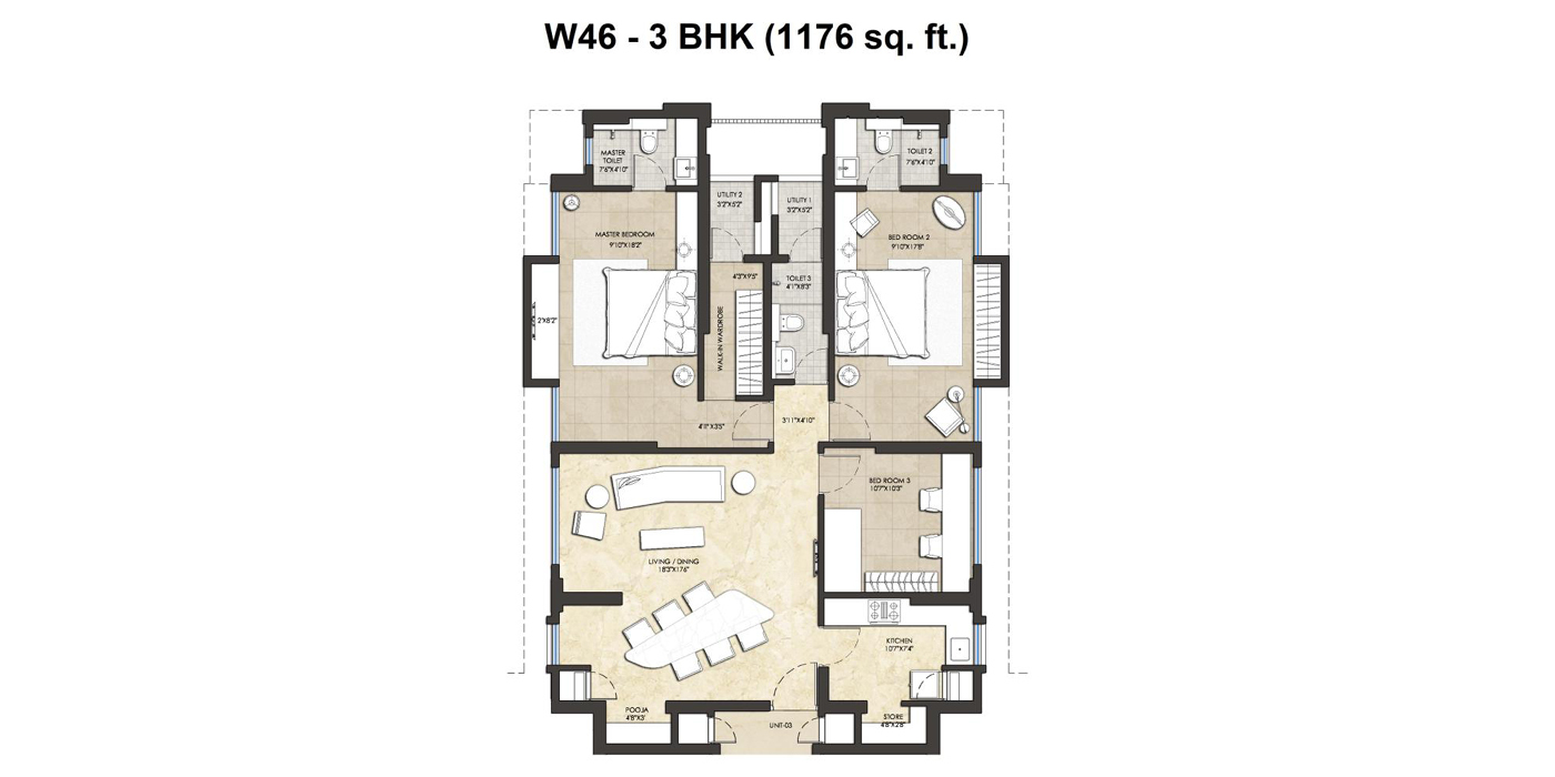 Lodha Amara - 3BHK - 1176 Sqft (Carpet) -Unit Plan.