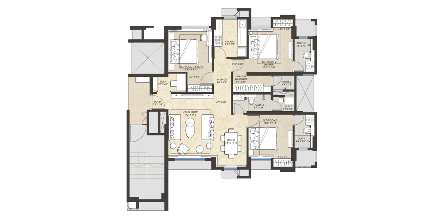 Lodha Amara - 3BHK - 955 Sqft (Carpet) -Unit Plan.