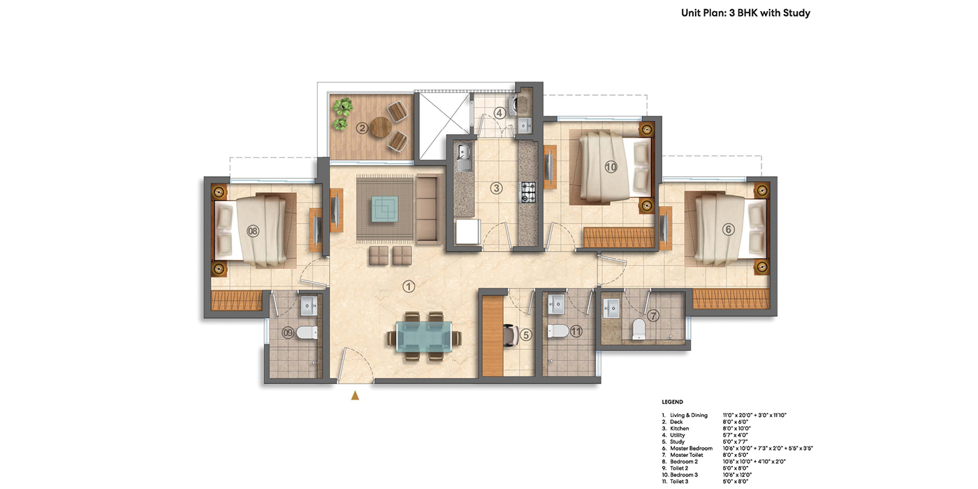 Lodha Bellavista unit plan 3 BHK with study