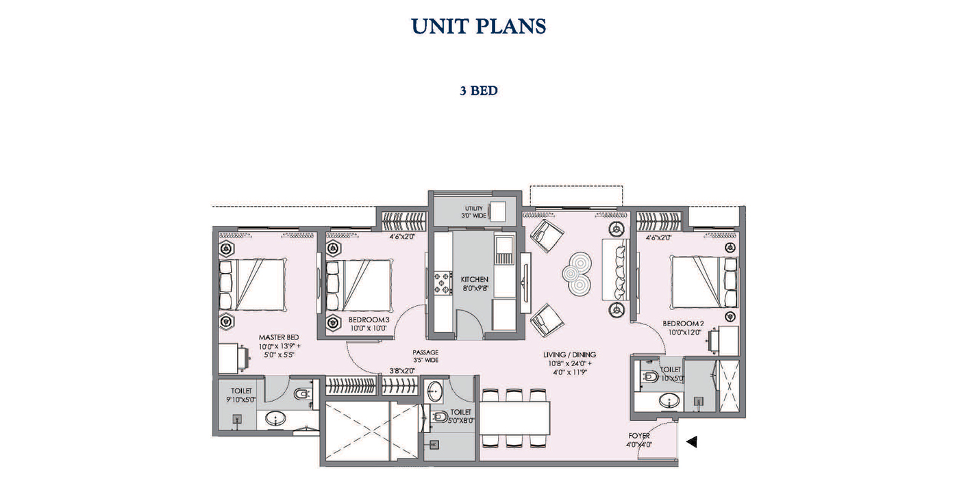 Lodha Sterling- 3BHK 1041 Sq ft - Unit Plan