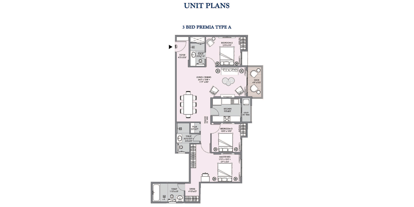 Lodha Sterling- 3BHK 1266 Sq ft - Unit Plan