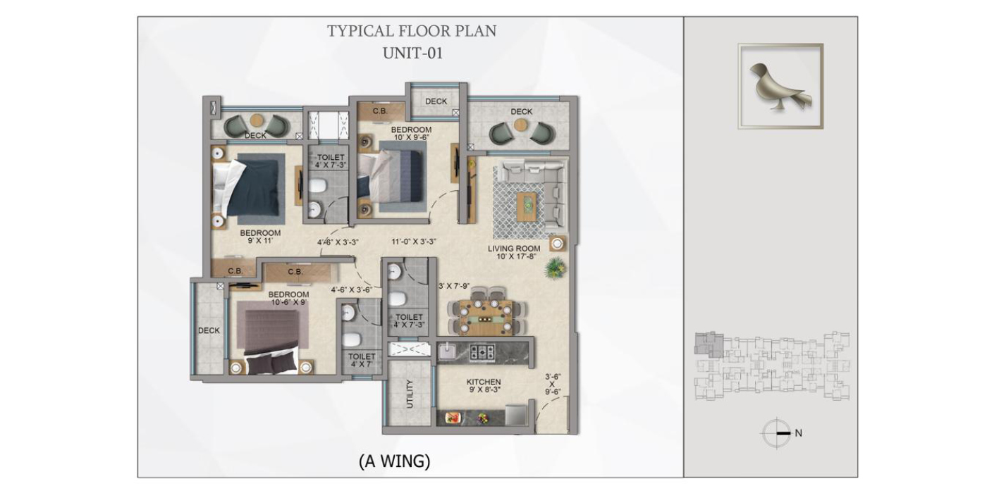 Mahavir Square - 3BHK - 1011 Sq Ft - Unit Plan -