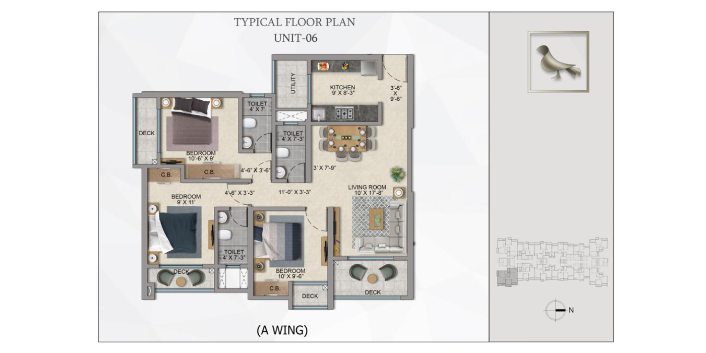 Mahavir Square - 3BHK - 992 Sq Ft - Unit Plan -