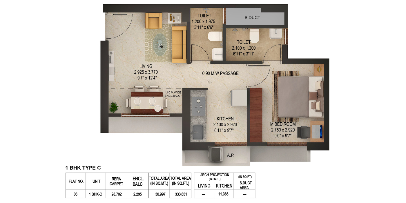 Puraniks Rumabali - 1BHK - 344 Sq Ft - Unit Plan-