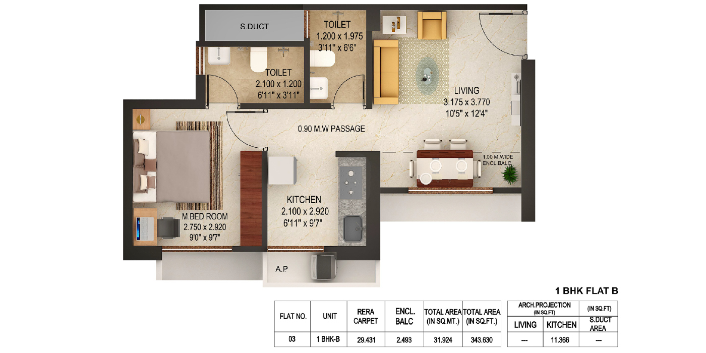 Puraniks Rumabali - 1BHK - 354 Sq Ft - Unit Plan