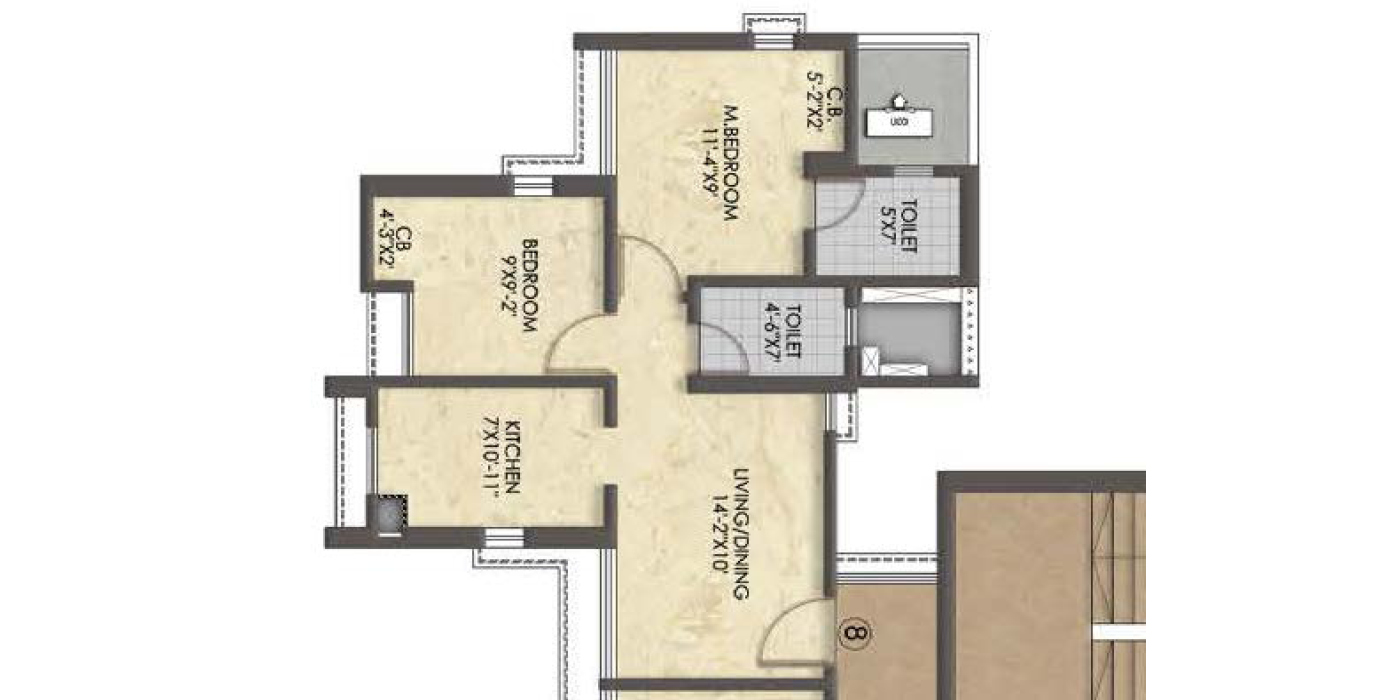 Raymond TenX Habitat - 2BHK - 515 Sq ft - Unit Plan