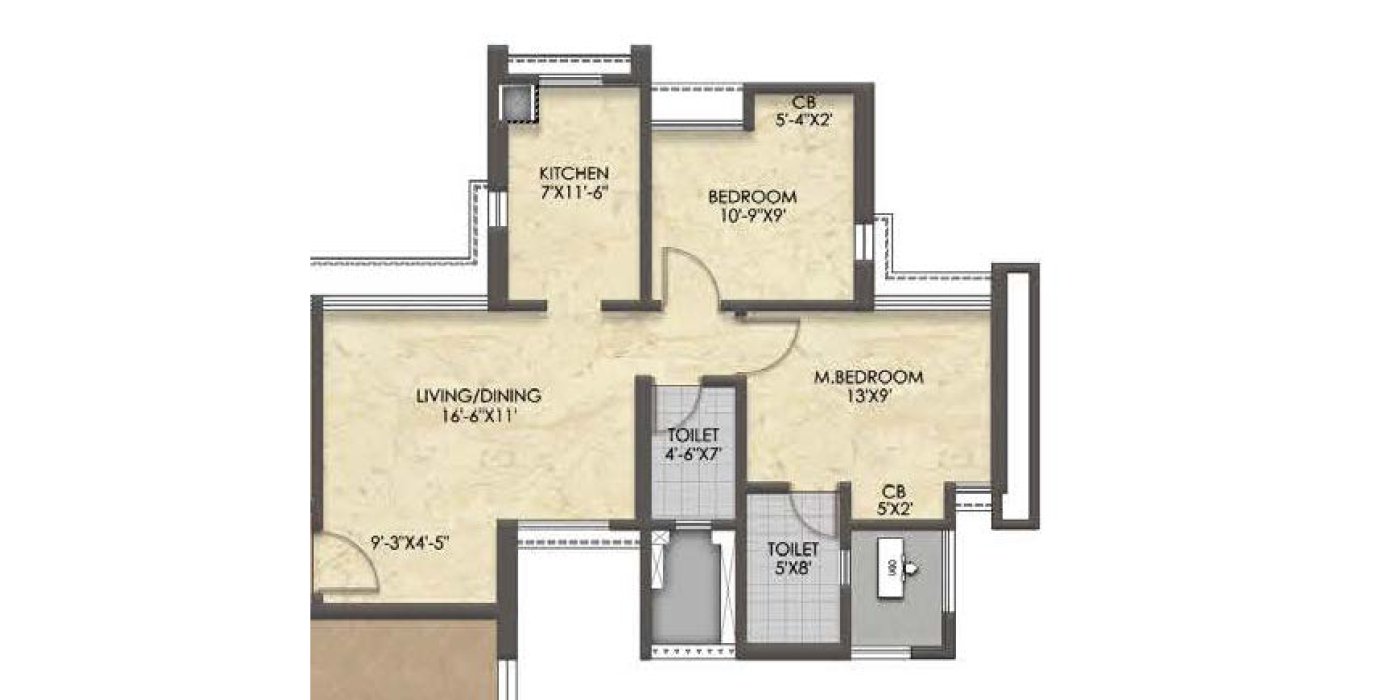 Raymond TenX Habitat - 2BHK - 635 Sq ft - Unit Plan