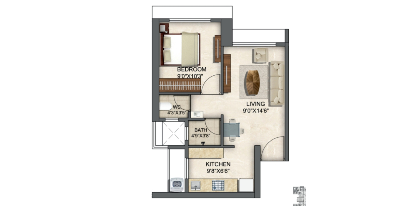 Runwal Enchanted - 1BHK - 390 Sq Ft - Unit Plan.