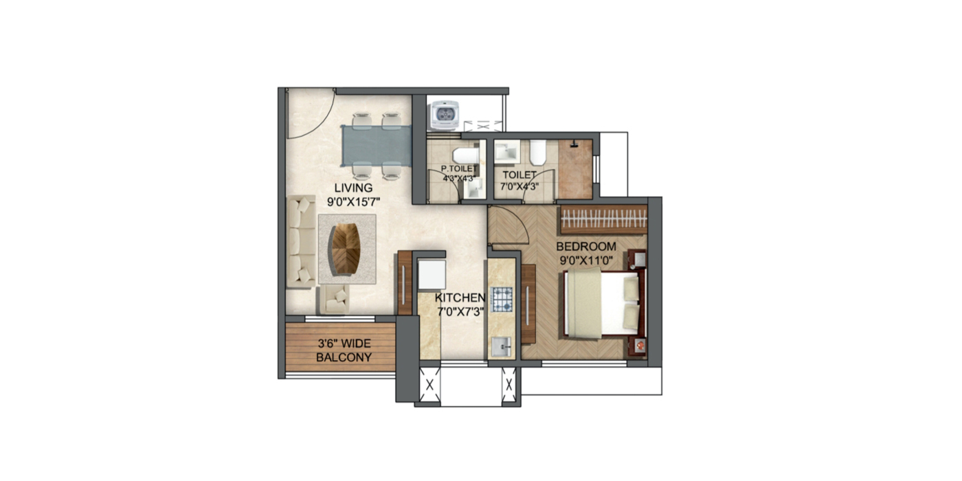 Runwal Enchanted - 1BHK - 480 Sq Ft - Unit Plan.