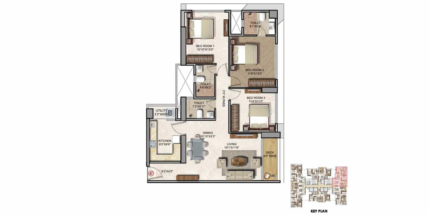 Runwal Zenith - 3BHK - 1072 Sq ft - Unit Plan
