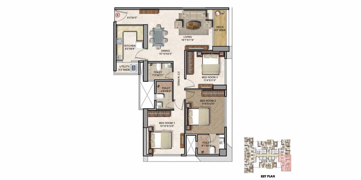 Runwal Zenith - 3BHK - 1081 Sq ft - Unit Plan