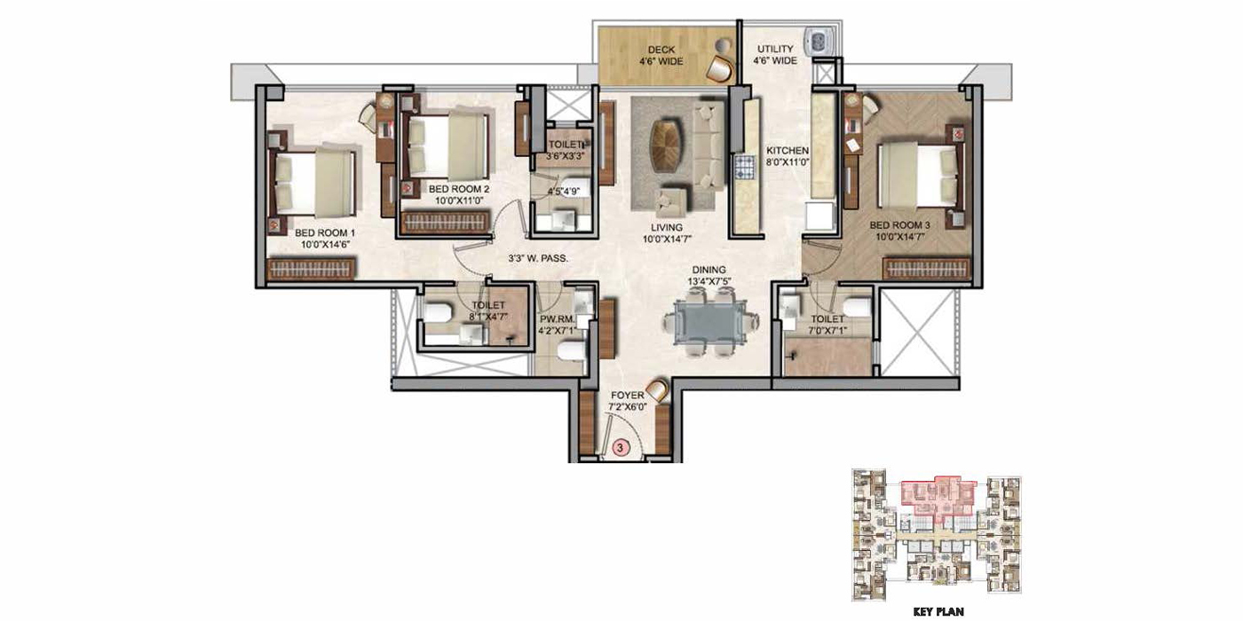 Runwal Zenith - 3BHK - 1141 Sq ft - Unit Plan
