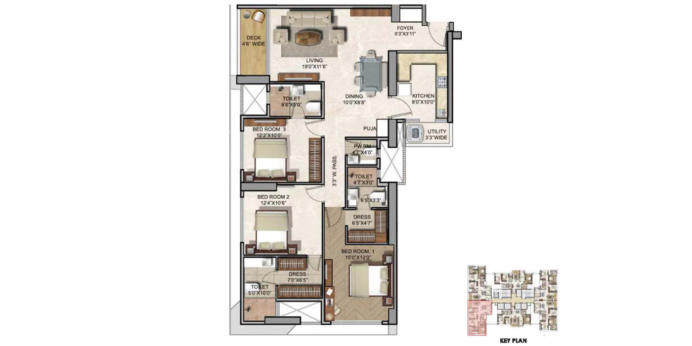 Runwal Zenith - 3BHK - 1214 Sq ft - Unit Plan
