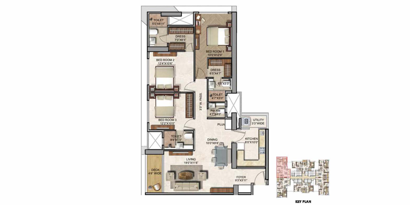 Runwal Zenith - 3BHK - 1221 Sq ft - Unit Plan