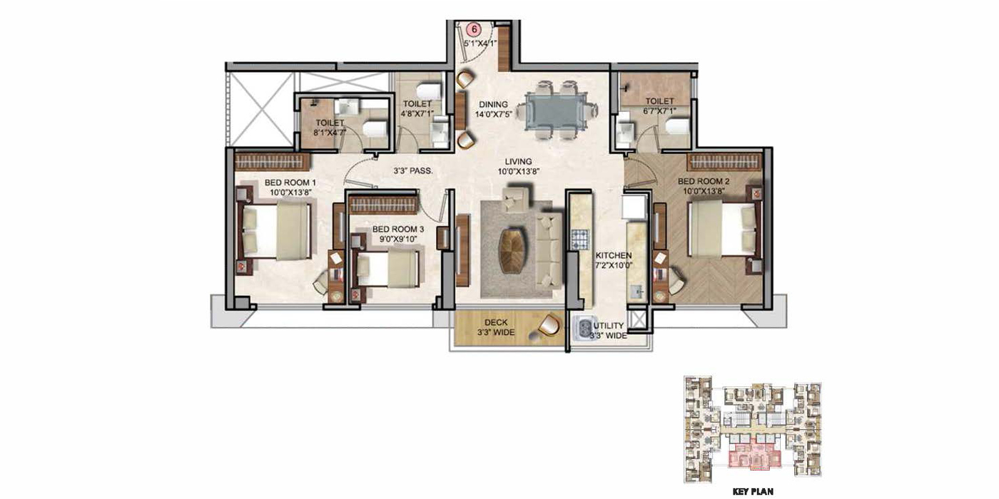 Runwal Zenith - 3BHK - 967 Sq ft - Unit Plan