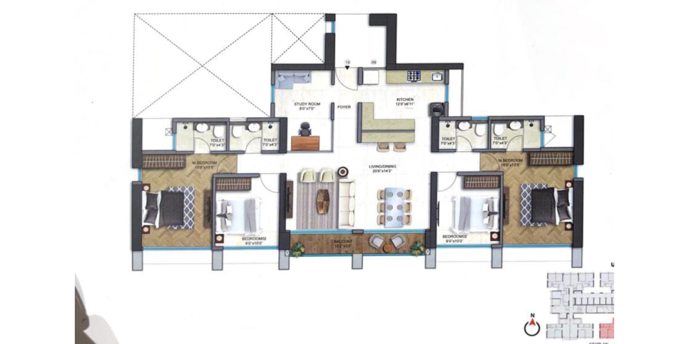 Runwal25 hours Life- 2+2BHK Jodi Flat - 1130 Sq Ft -Unit Plan.