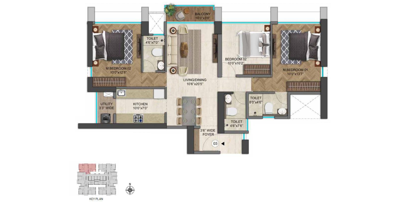 Runwal25 hours Life- 3BHK - 961 Sq Ft -Unit Plan.