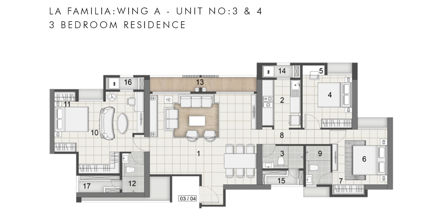 Rustomjee La Familia - 3BHK - 1124 Sq Ft - Unit Plan