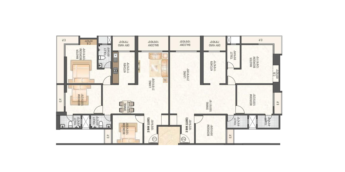 Yuvan Staller - 3BHK -1165 Sq Ft - Unit Plan.