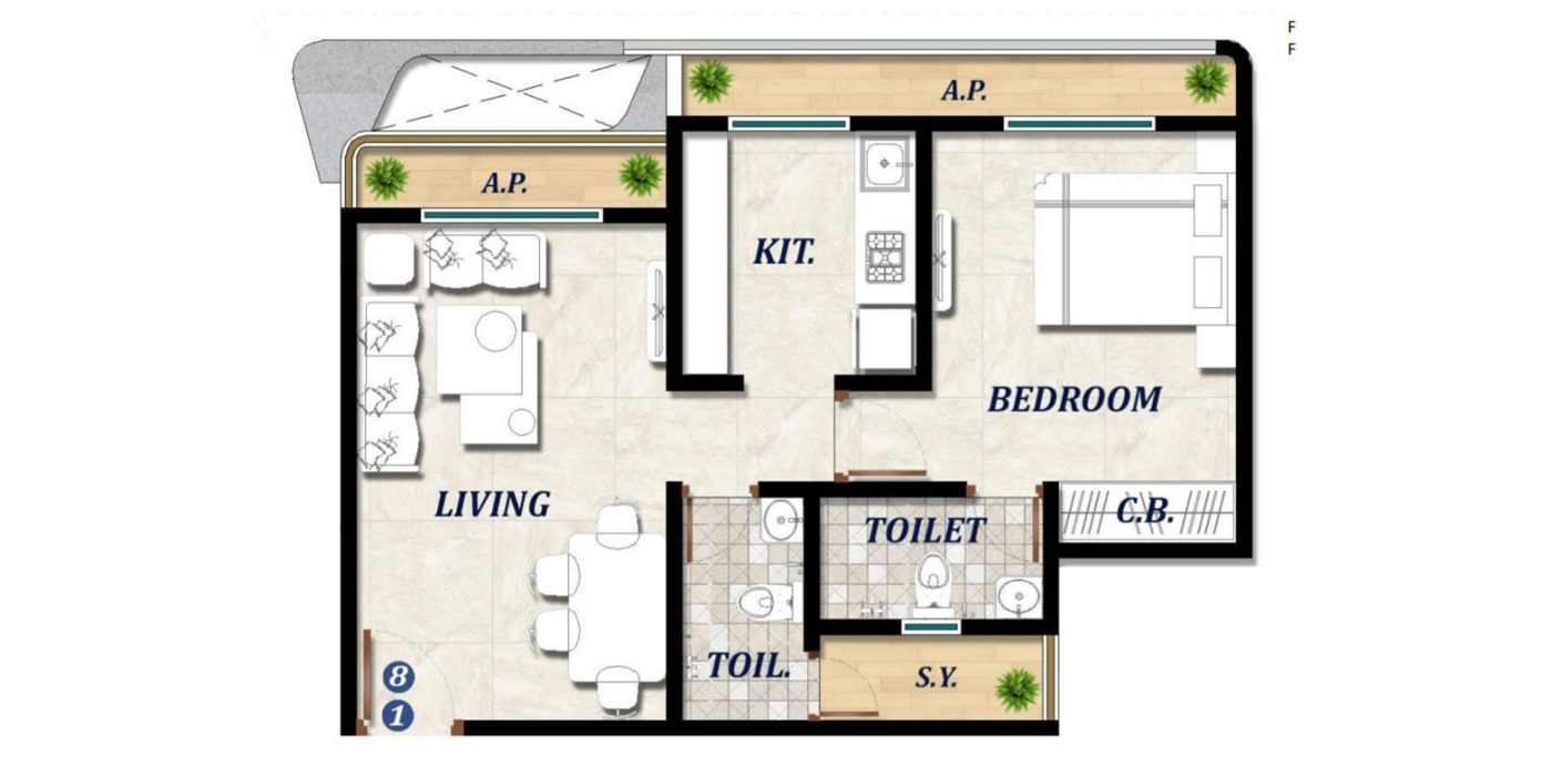 1 BHK 530 Sq.ft. (Carpet).