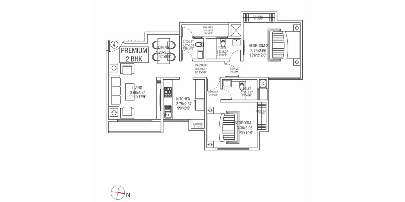 2 BHK 697 Sq. ft. (Carpet)